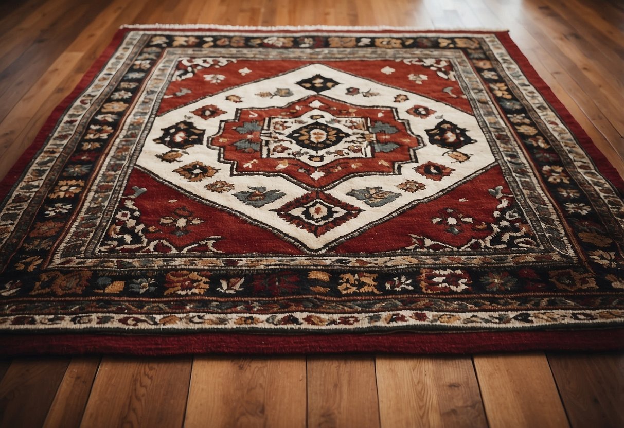 A vintage Moroccan rug lies on a hardwood floor in a well-lit room, surrounded by eclectic decor pieces. Rich colors and intricate patterns add warmth and character to the space