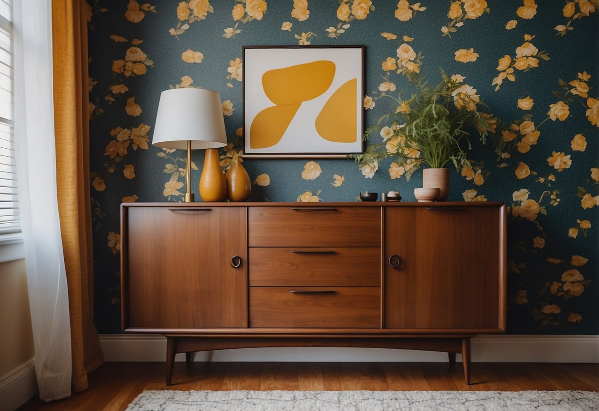 A sleek Mid-Century Modern sideboard sits against a patterned wallpaper, adorned with eclectic decor pieces in a rental home