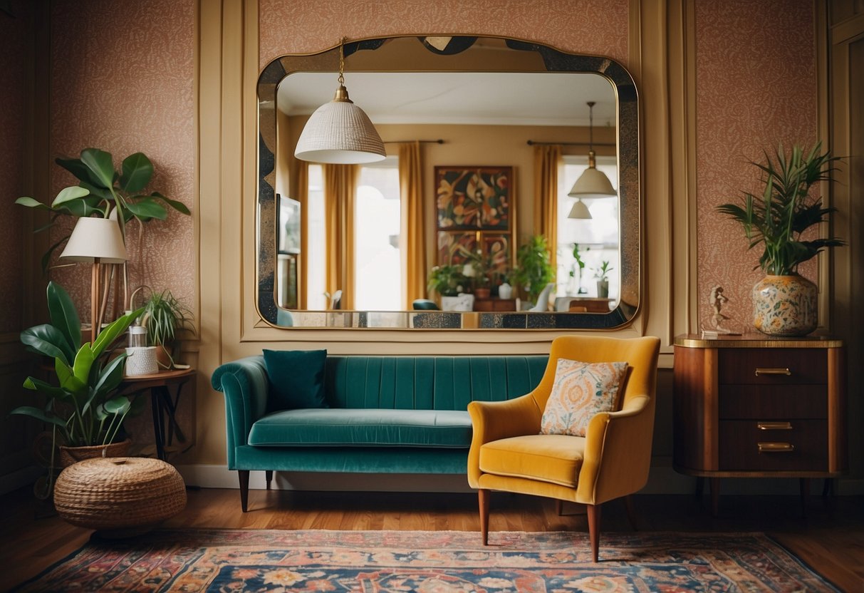 A large Art Deco Mirror hangs on a patterned wallpapered wall, surrounded by vintage furniture and colorful eclectic decor in a rented home