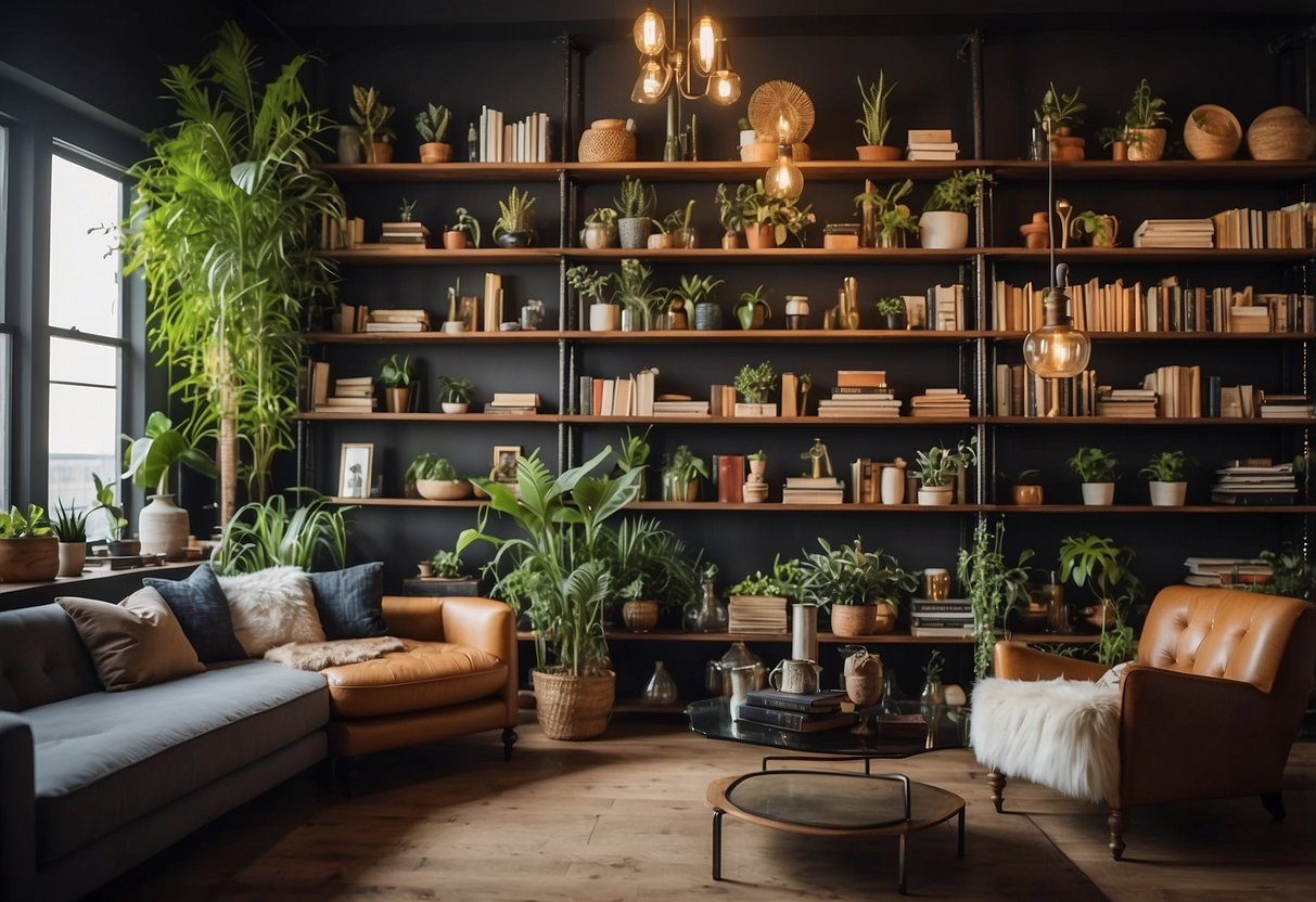 A room with industrial pipe shelving filled with eclectic decor items, such as books, plants, and vintage knick-knacks