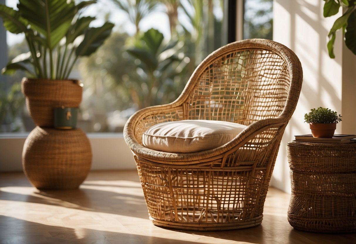 A handwoven rattan chair sits in a sunlit room, surrounded by eclectic decor. The chair's intricate pattern and natural texture add warmth and charm to the space