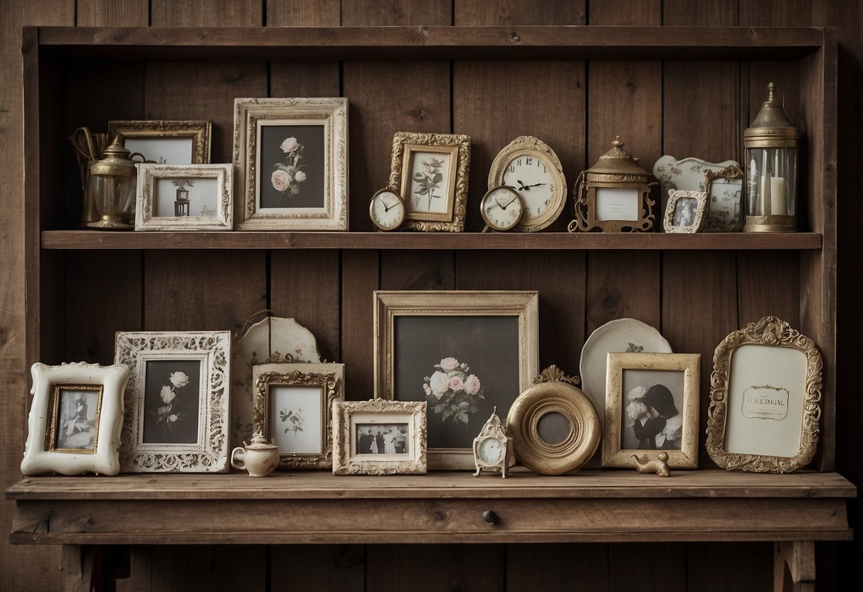 A collection of shabby chic picture frames arranged on a distressed wooden shelf, surrounded by vintage trinkets and eclectic home decor items