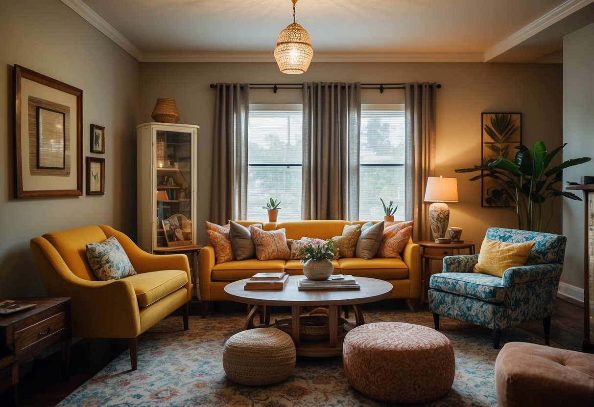 A living room with mismatched furniture, vibrant colors, and various patterns. A mix of vintage and modern decor creates an eclectic and unique style