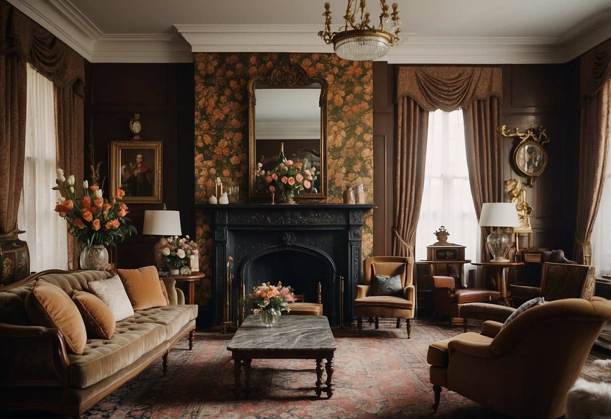 An elegant Edwardian living room with ornate furniture, floral wallpaper, and a grand fireplace. Rich colors and intricate patterns create a luxurious and timeless atmosphere