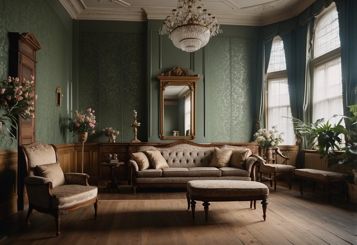 A room with intricate floral wallpaper, ornate moldings, and vintage furniture in a Victorian-inspired Edwardian home