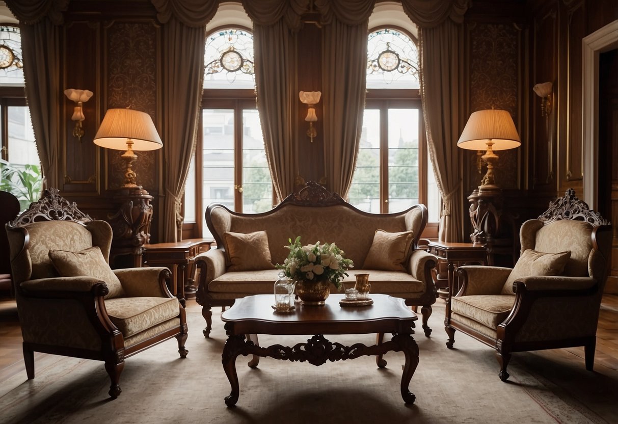 Ornate wooden furniture fills a grand Edwardian home, with intricate carvings and rich upholstery creating a luxurious and elegant atmosphere