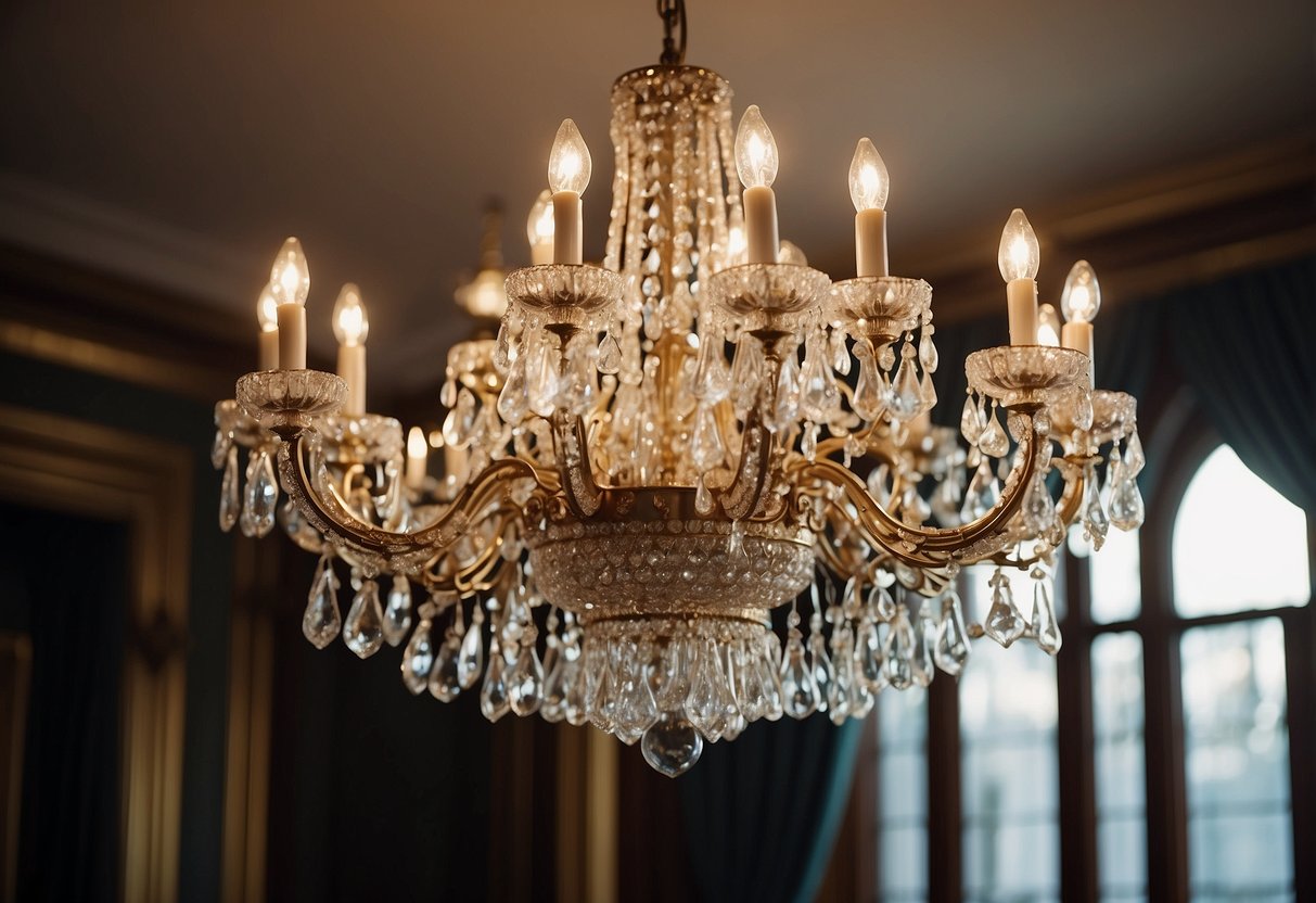 An elegant chandelier with crystal accents hangs from the ceiling in a grand Edwardian home, casting a warm and luxurious glow over the opulent decor