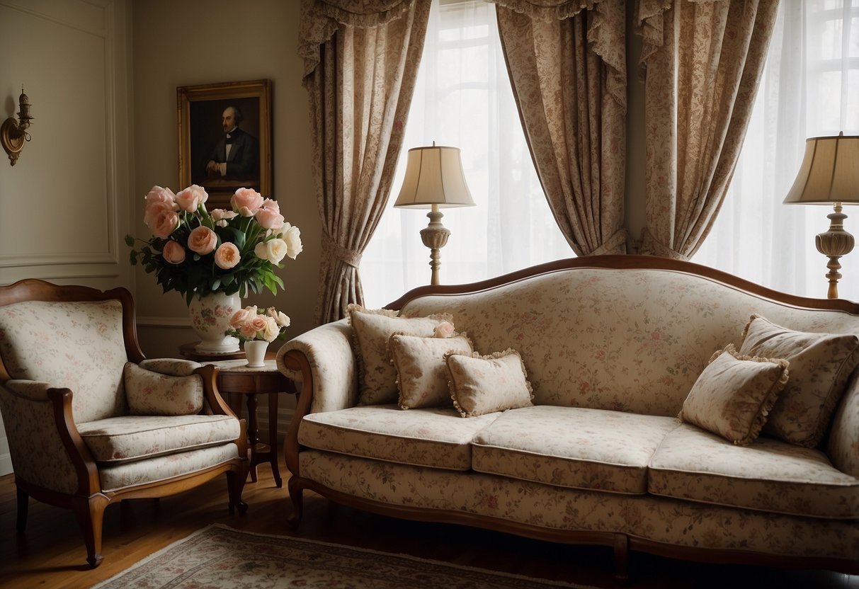 A cozy living room with floral upholstered furniture, lace curtains, and antique decor. Vintage floral fabrics adorn the sofa and armchairs, adding a touch of Edwardian charm to the home