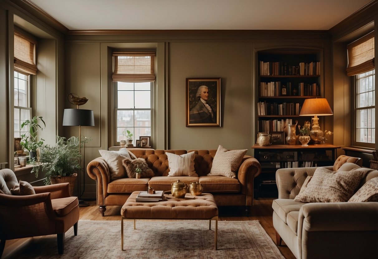 A cozy living room with brass and copper fixtures, vintage furniture, and Edwardian home decor ideas