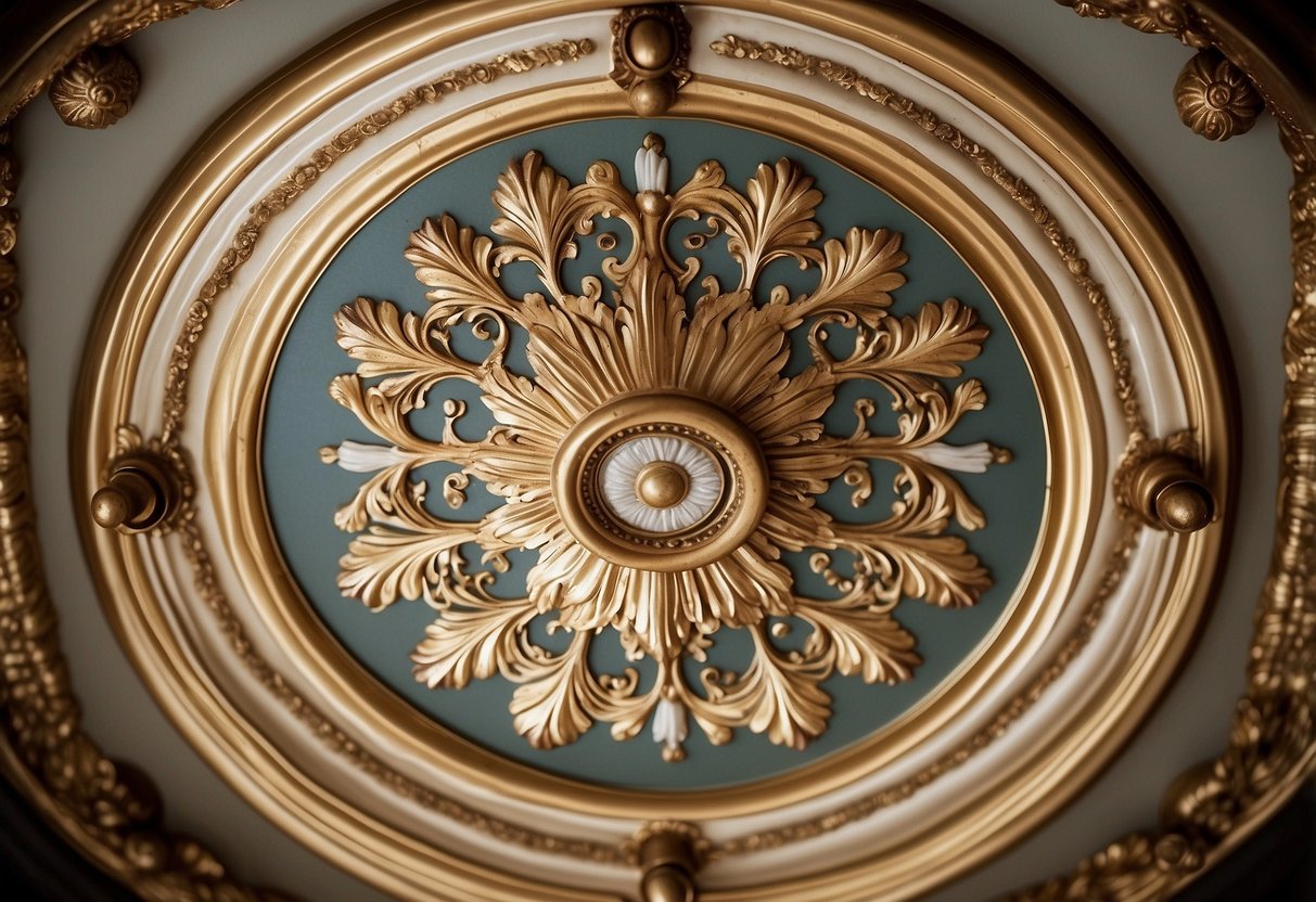 The ornate ceiling medallions feature intricate floral patterns and delicate scrollwork, adding a touch of elegance to the Edwardian home decor