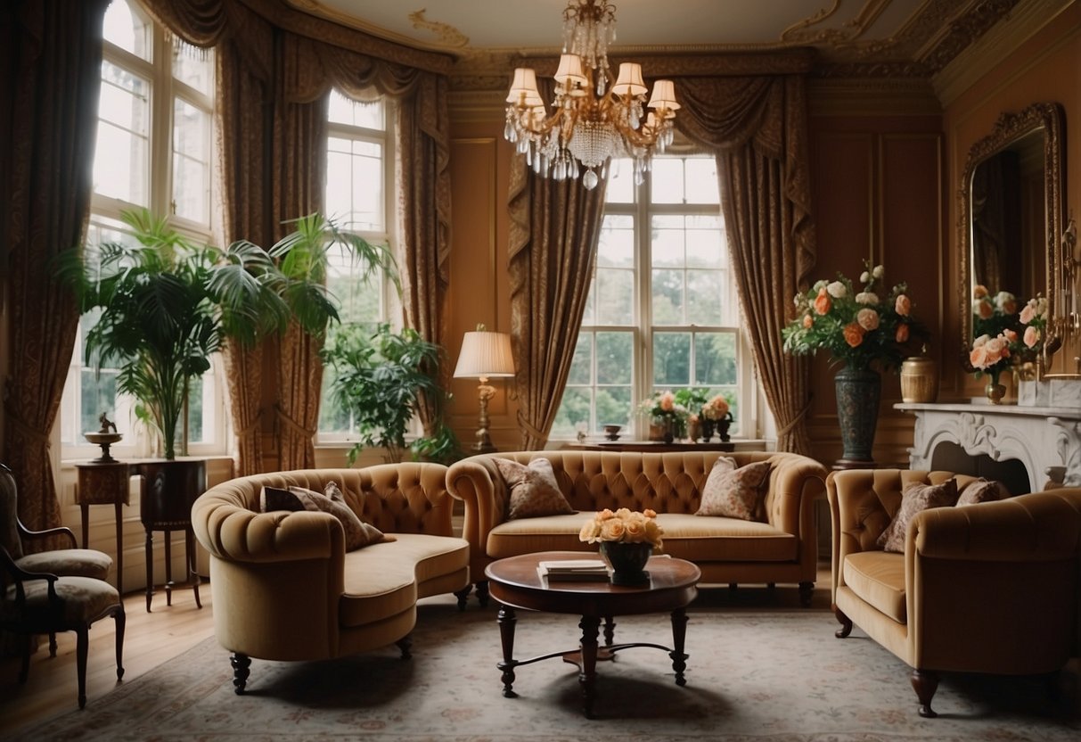 An Edwardian home with rich, warm color schemes and luxurious palettes. Ornate furniture, floral patterns, and elegant drapery adorn the opulent interior