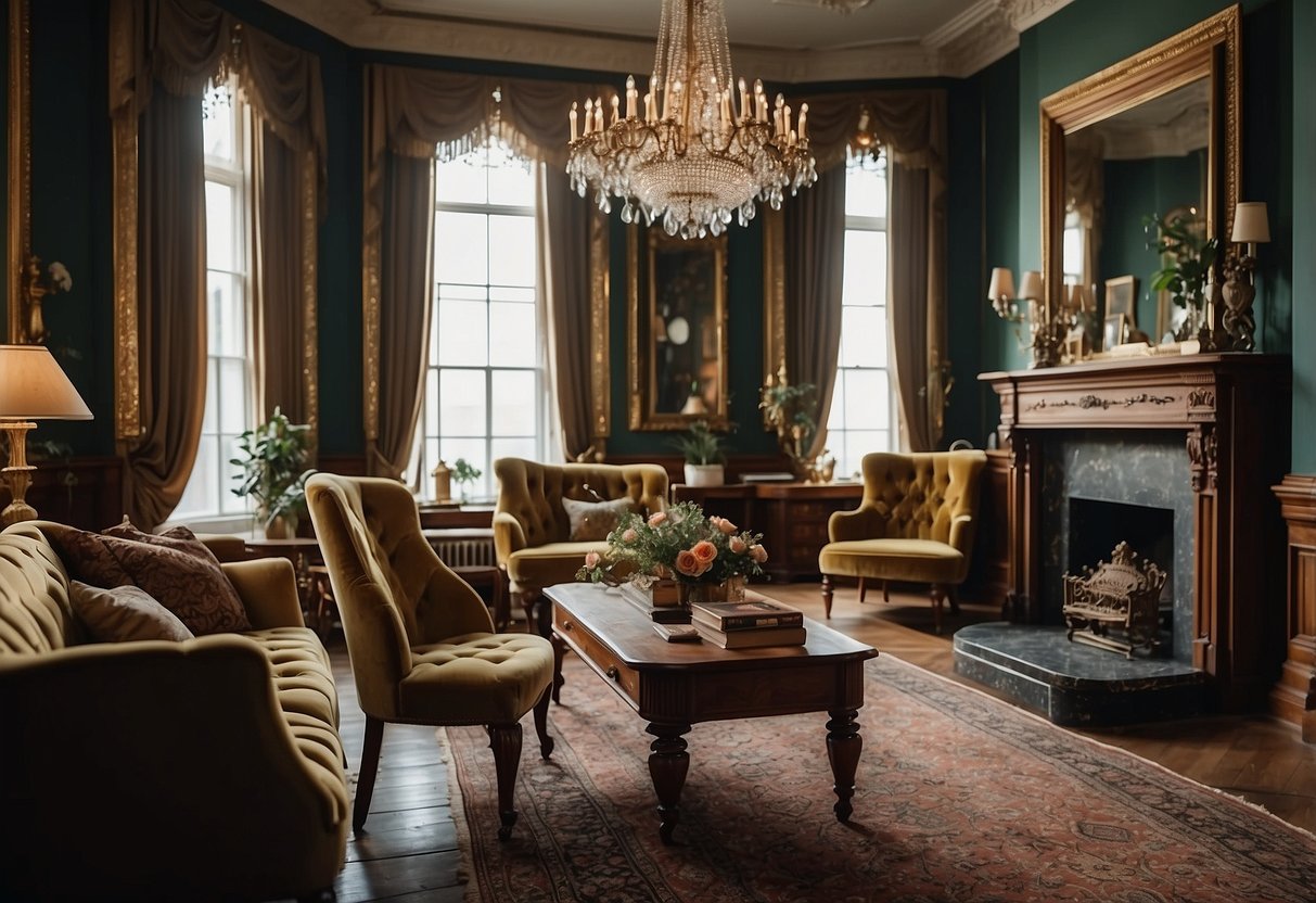 An Edwardian home with ornate moldings, intricate wallpaper, and elegant chandeliers. Rich colors, plush fabrics, and antique furniture complete the opulent decor