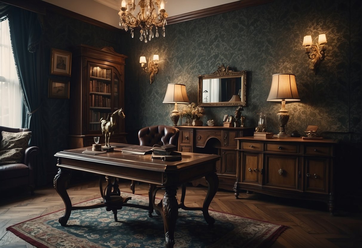 A dimly lit study with ornate wallpaper, vintage taxidermy, and antique furniture creates an edgy Victorian home decor vibe