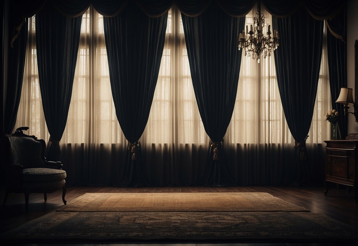 Dark velvet curtains hang in a dimly lit room, adding an edgy touch to the Victorian home decor