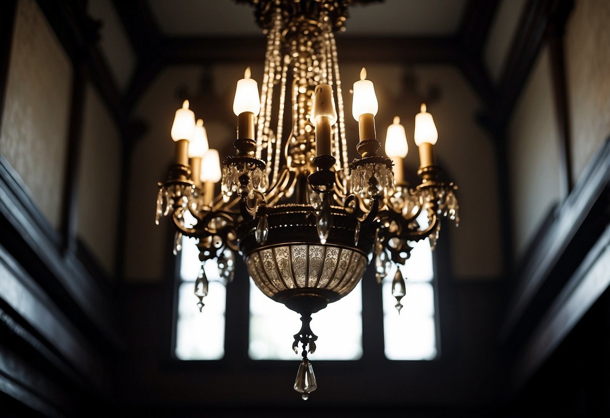 A grand gothic chandelier hangs from the ceiling of a Victorian home, casting eerie shadows on the ornate decor