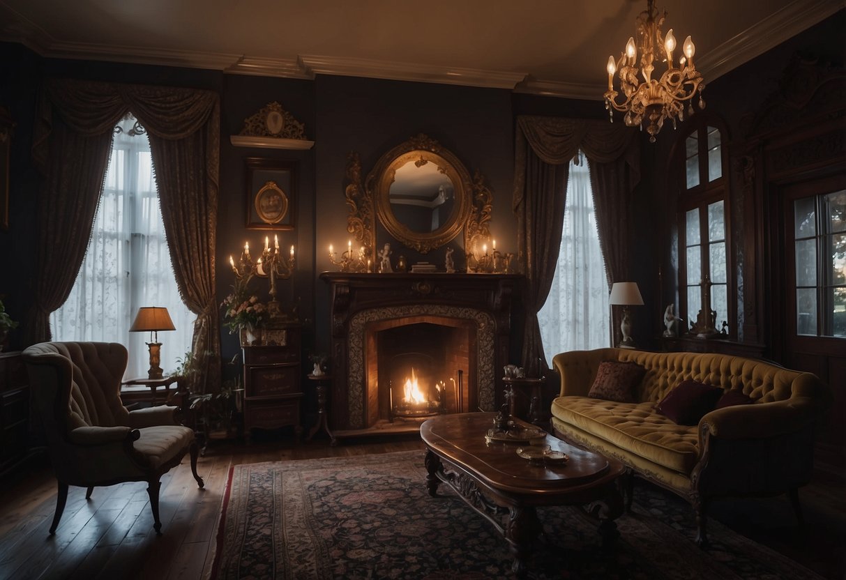 A dimly lit Victorian home with ornate, gothic decor. A grand fireplace casts eerie shadows on velvet drapes and antique furniture