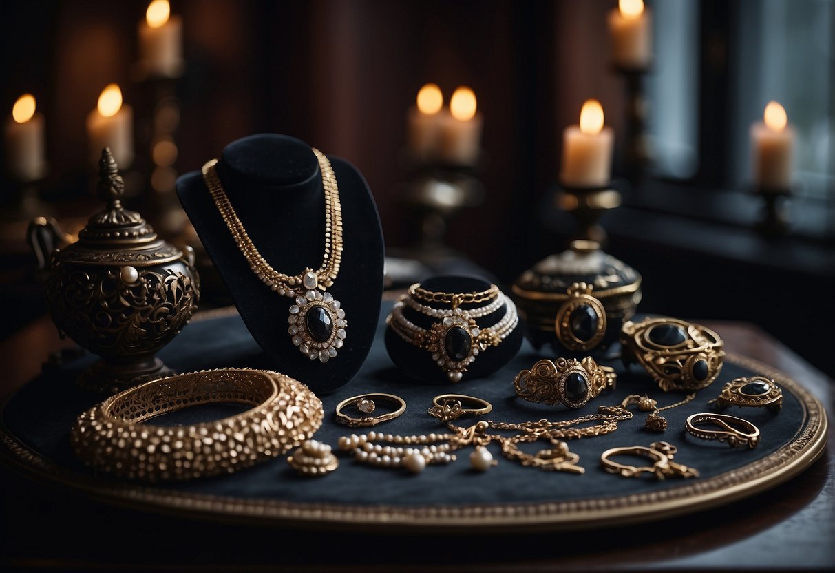 A display of Victorian mourning jewelry on a dark, ornate table with edgy home decor in the background