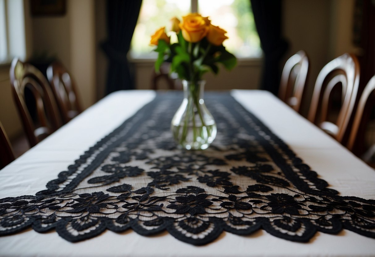 An ornate black lace tablecloth adorns a table in a Victorian home, adding an edgy touch to the decor