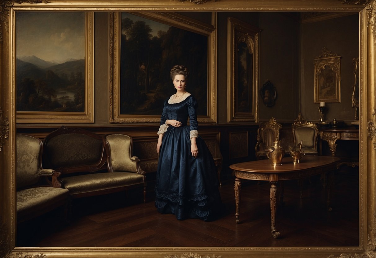 A vintage oil painting of a woman hangs on the wall of a Victorian home, surrounded by ornate furniture and rich, dark colors