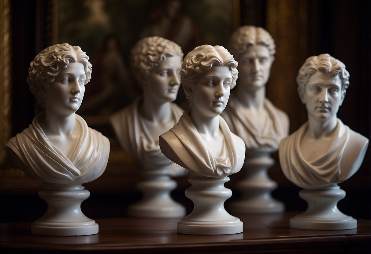 A collection of marble bust sculptures arranged on ornate pedestals in a dimly lit Victorian home, casting dramatic shadows