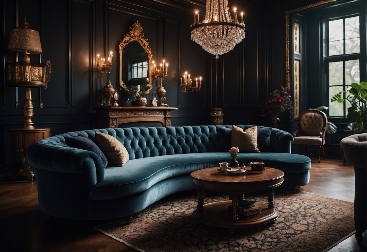 A richly textured Victorian room with ornate accents and dark, moody colors. Intricate wallpaper, plush velvet upholstery, and detailed woodwork create a dramatic and opulent atmosphere