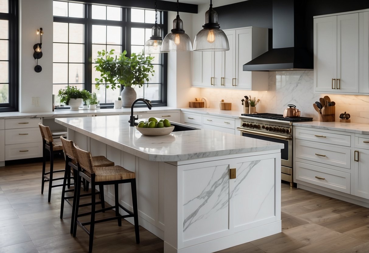 A modern, open-concept kitchen with sleek, white cabinets, marble countertops, and a large island with stylish pendant lighting