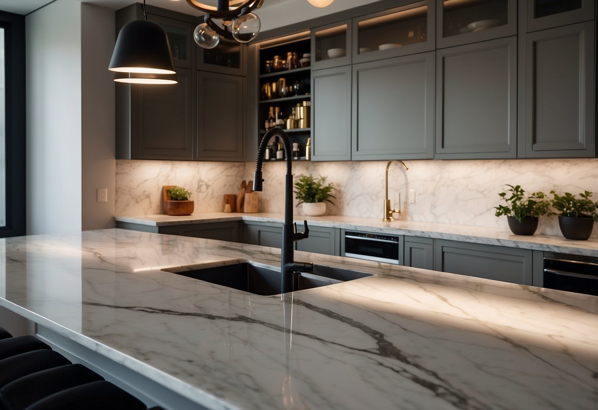 Marble countertops shine in an elegant kitchen, with modern design and stylish home decor ideas