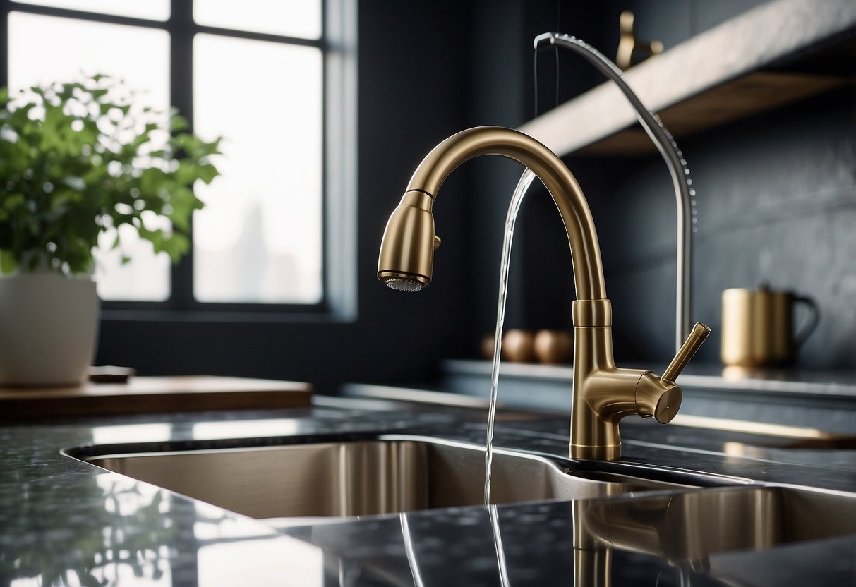 A brass kitchen faucet shines against a sleek, modern kitchen backdrop with elegant design and home decor ideas