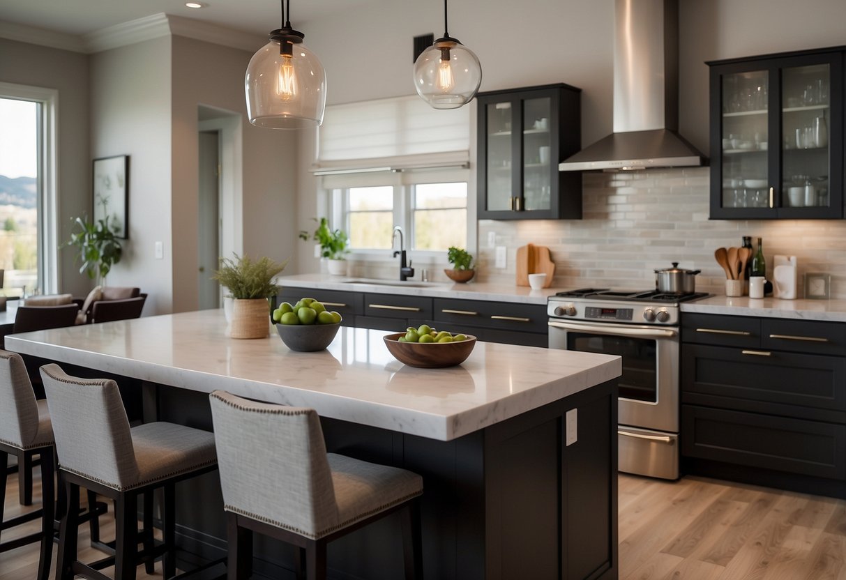 A spacious, well-lit kitchen with sleek countertops, modern appliances, and minimalist decor. A large island with bar stools and a statement light fixture completes the elegant design