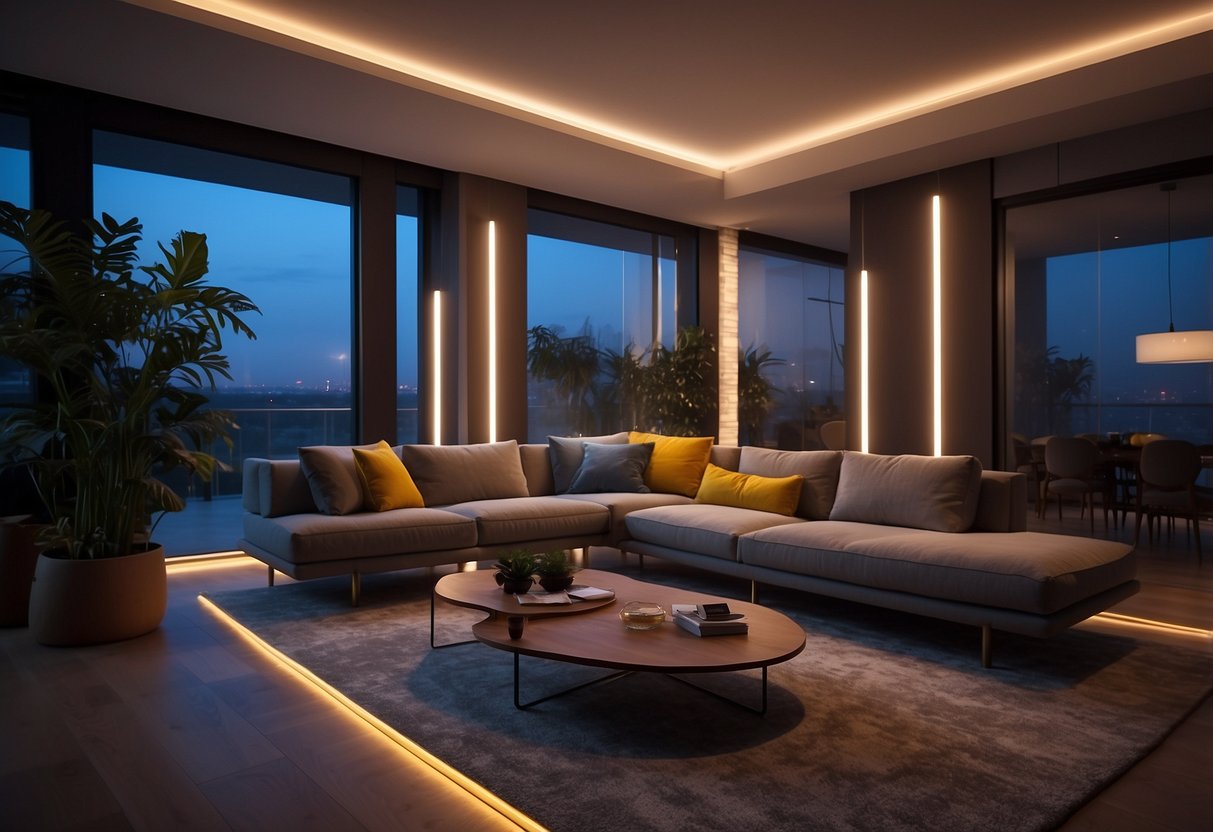 A living room with LED strip lights lining the ceiling, a glowing neon sign on the wall, and a modern floor lamp with color-changing bulbs