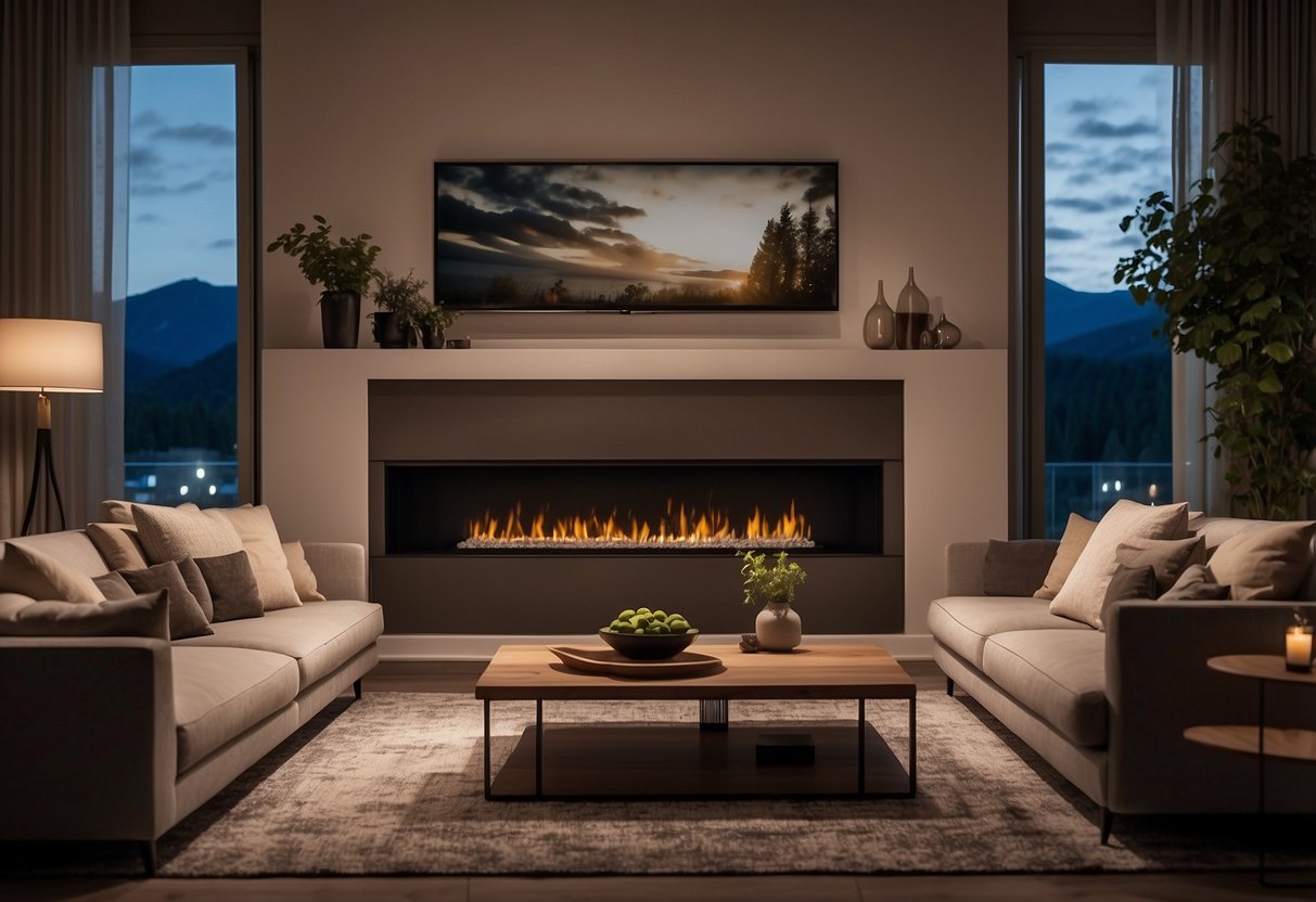 A cozy living room with smart lighting, automated curtains, and sleek electric fireplace. Smart home devices control temperature and ambiance