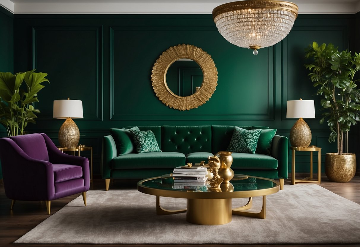 An emerald green living room with velvet couch, leafy plants, and gold accents. A statement wall with emerald wallpaper and a brass chandelier