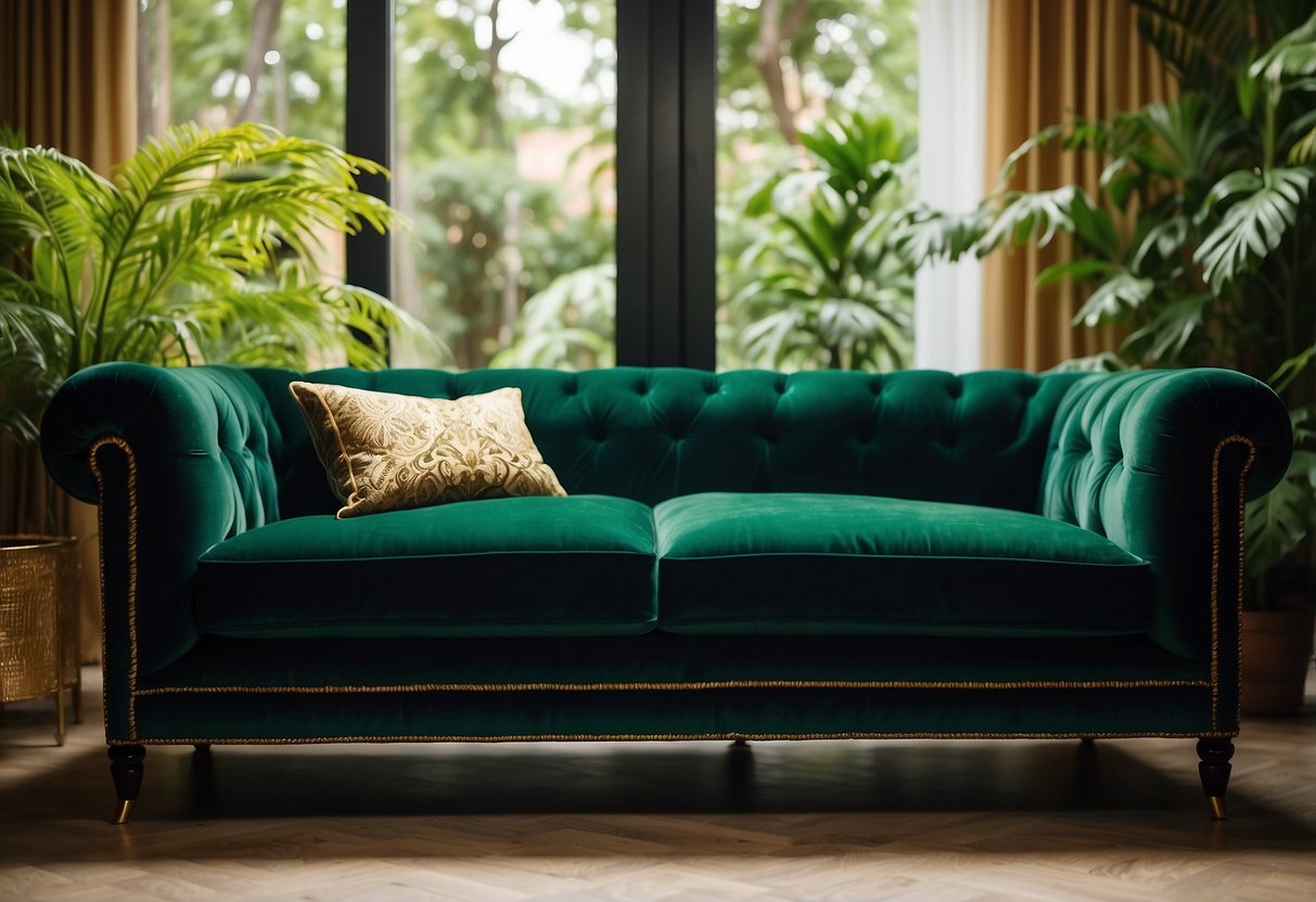 An emerald green velvet sofa sits in a sunlit room, surrounded by lush plants and gold accents