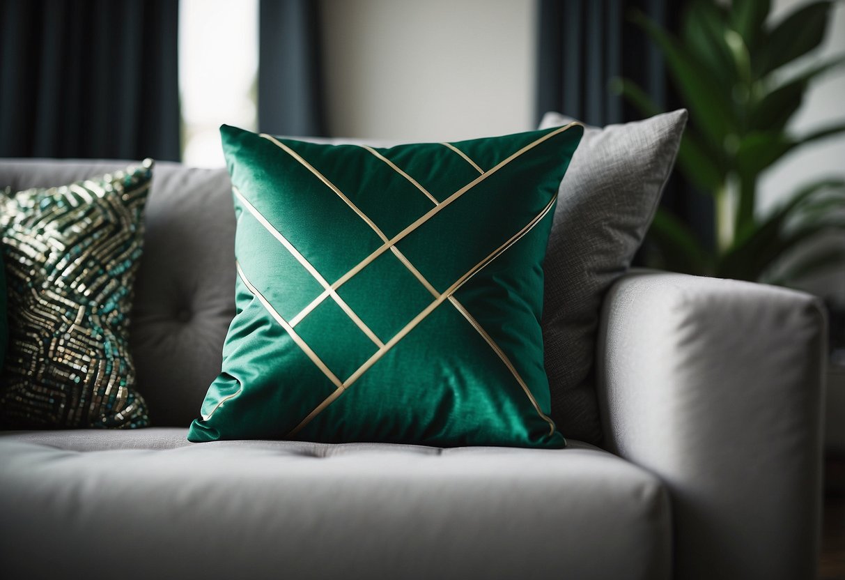 A geometric emerald green throw pillow sits on a modern grey couch, surrounded by other coordinating emerald green home decor accents