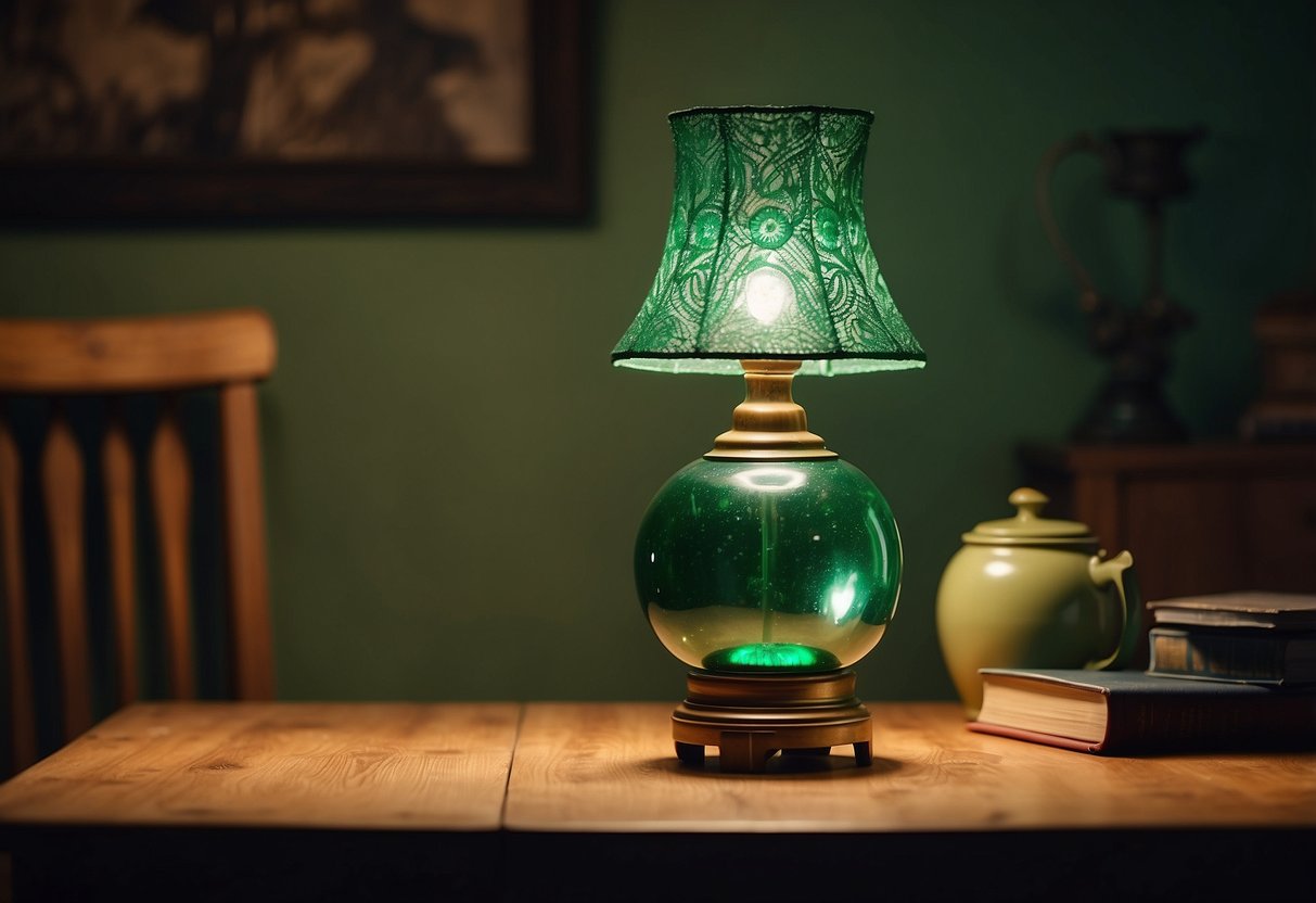 A vintage emerald lamp sits on a rustic wooden table, casting a warm green glow in a cozy living room