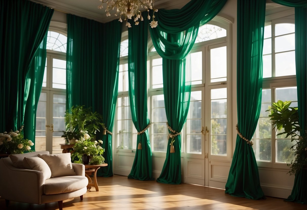 Emerald green floral curtains hang in a sunlit room, casting a vibrant glow on the surrounding decor