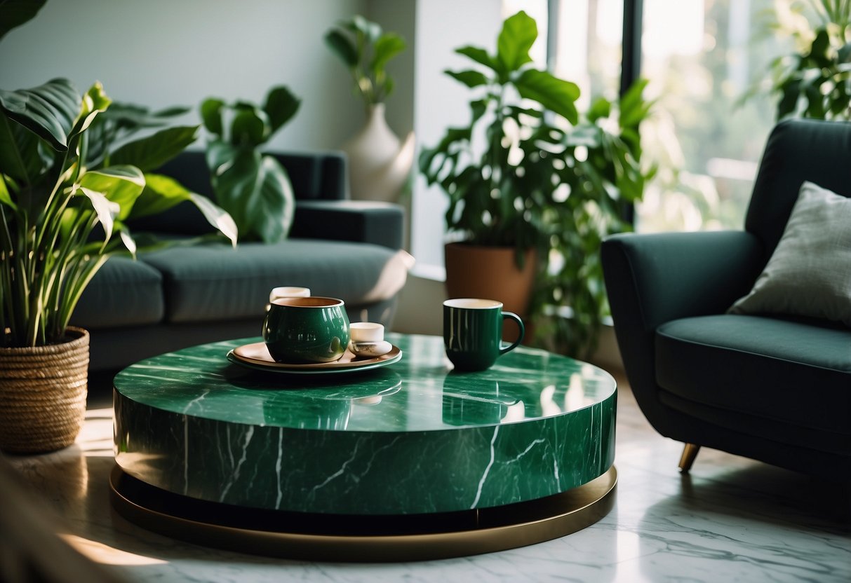 A marble and emerald coffee table sits in a sunlit room, surrounded by lush green plants and complemented by emerald green home decor accents