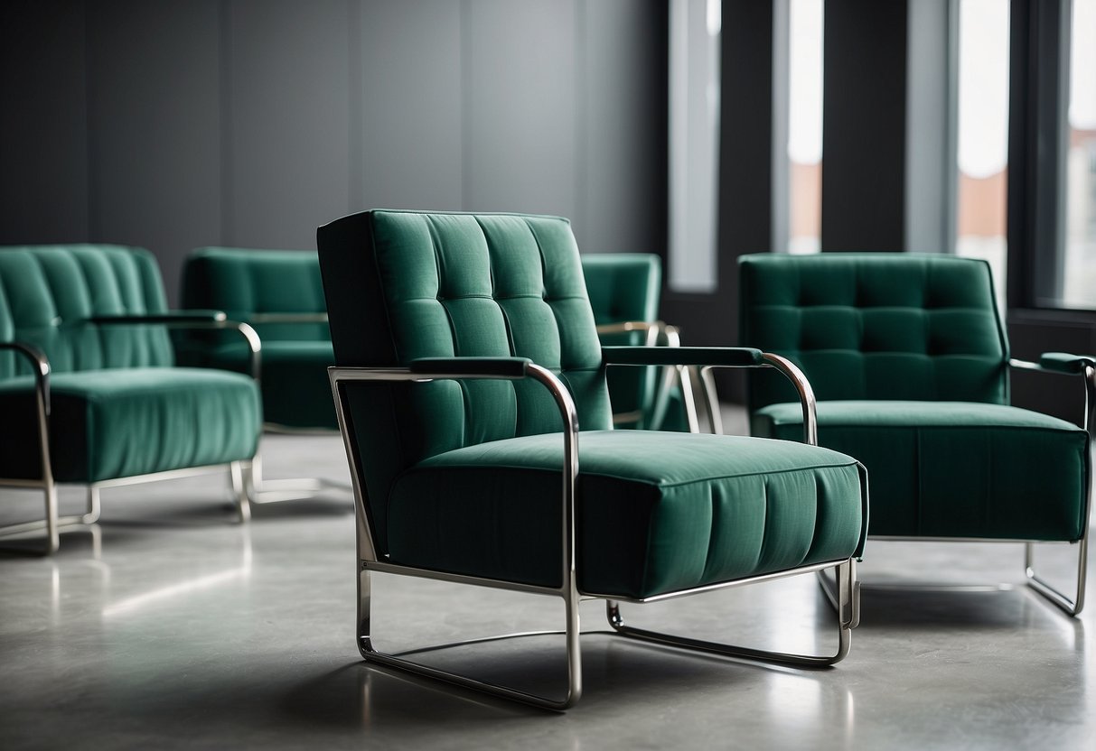 Emerald green chairs arranged in a modern, minimalist setting with sleek lines and contemporary decor