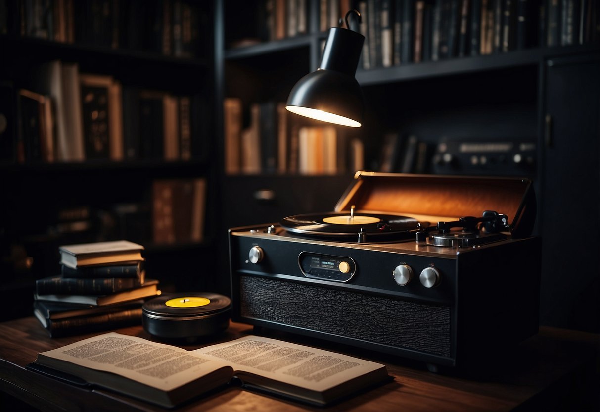 A dark room with black walls, a vintage record player, and a collection of moody artwork and poetry books scattered around