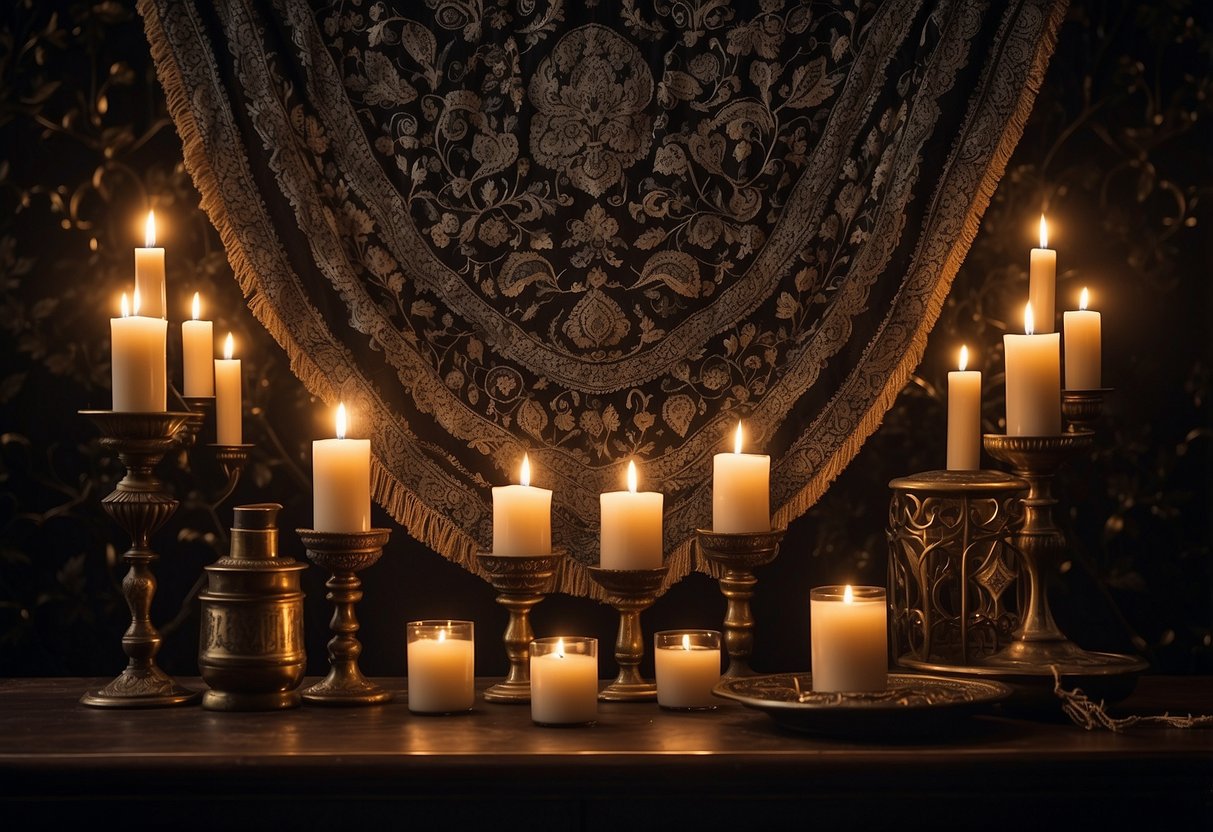 A dark, ornate wall tapestry with intricate patterns and gothic motifs, surrounded by flickering candles and antique furniture