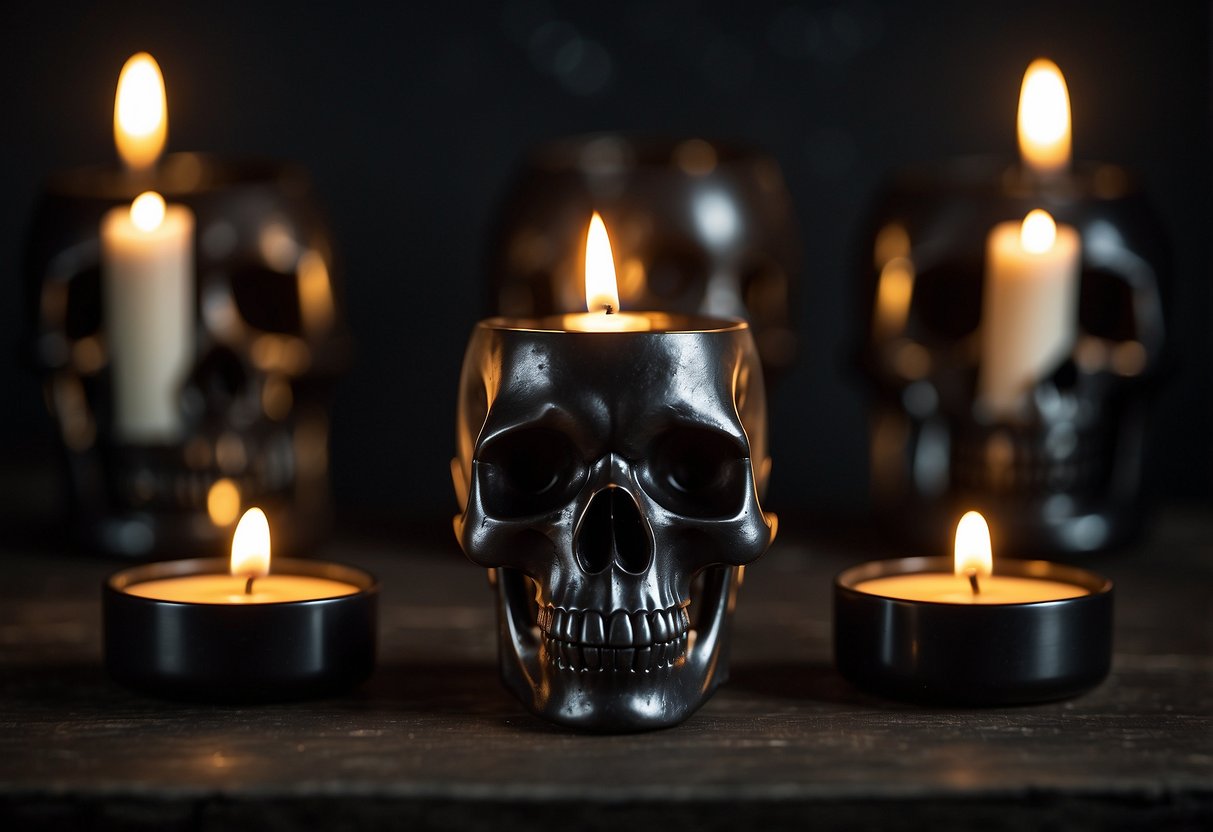 Three skull-shaped candle holders arranged on a dark, gothic-style table with black candles burning inside