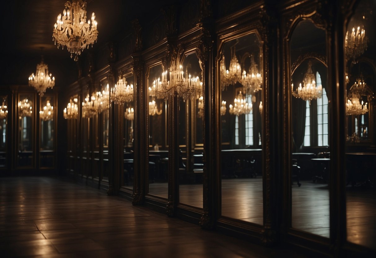 A dimly lit room with ornate Victorian-style mirrors adorning the walls, reflecting the moody ambiance of the space