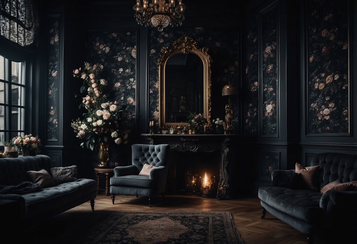 A dimly lit room with dark floral wallpapers, creating a moody and gothic atmosphere for emo home decor ideas