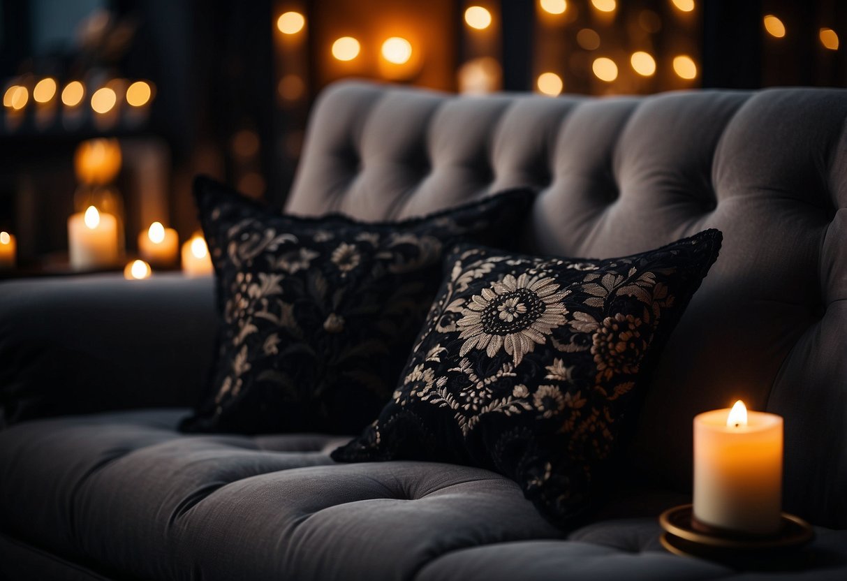 Black lace throw pillows arranged on a dark velvet couch, surrounded by dimly lit candles and vintage wall art