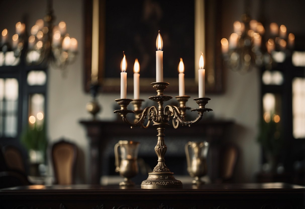 A dimly lit room with antique candelabras casting flickering shadows on the walls, creating a moody and dramatic atmosphere for a vintage emo home decor