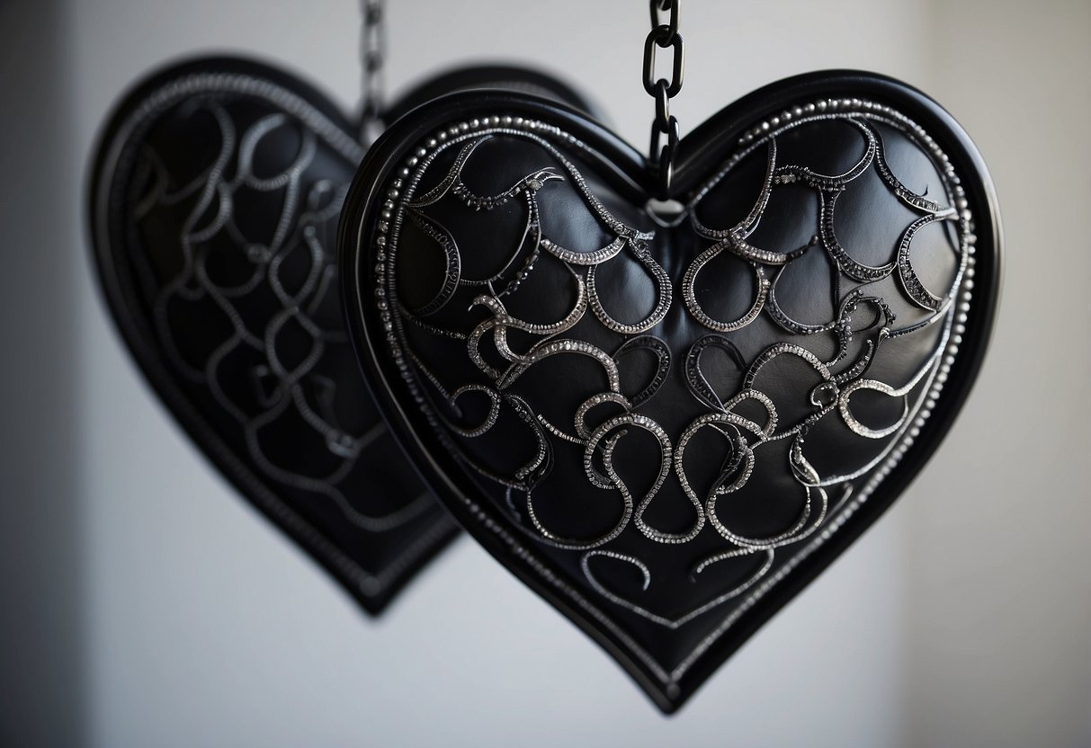 A heart-shaped pillow hangs from a black chain on a white wall