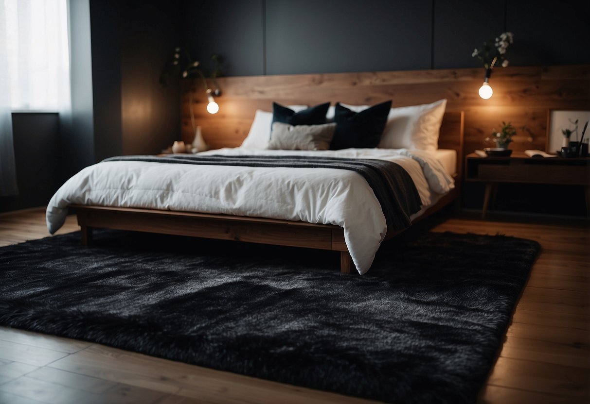 A dimly lit room with plush dark rugs scattered on the floor, creating a cozy and moody atmosphere