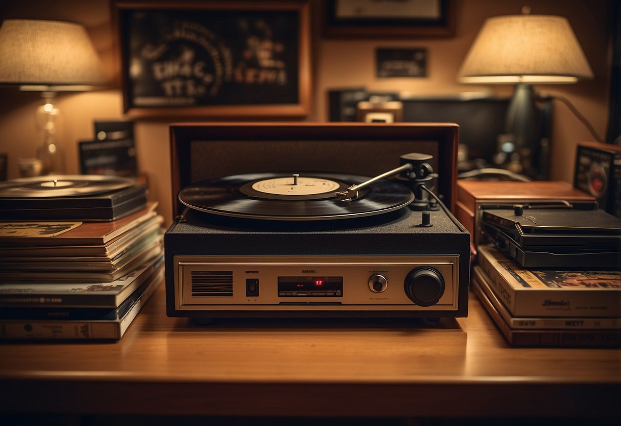 A vintage record player sits on a shelf, surrounded by framed vinyl records and band posters. Soft, warm lighting illuminates the cozy, nostalgic room