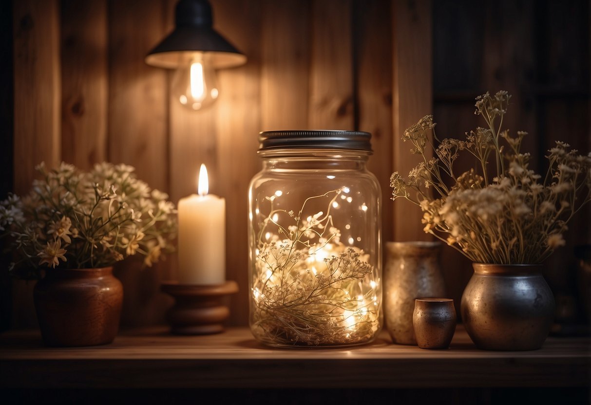 An empty glass jar sits on a wooden shelf, surrounded by dried flowers and twinkle lights, casting a warm glow in a cozy home setting