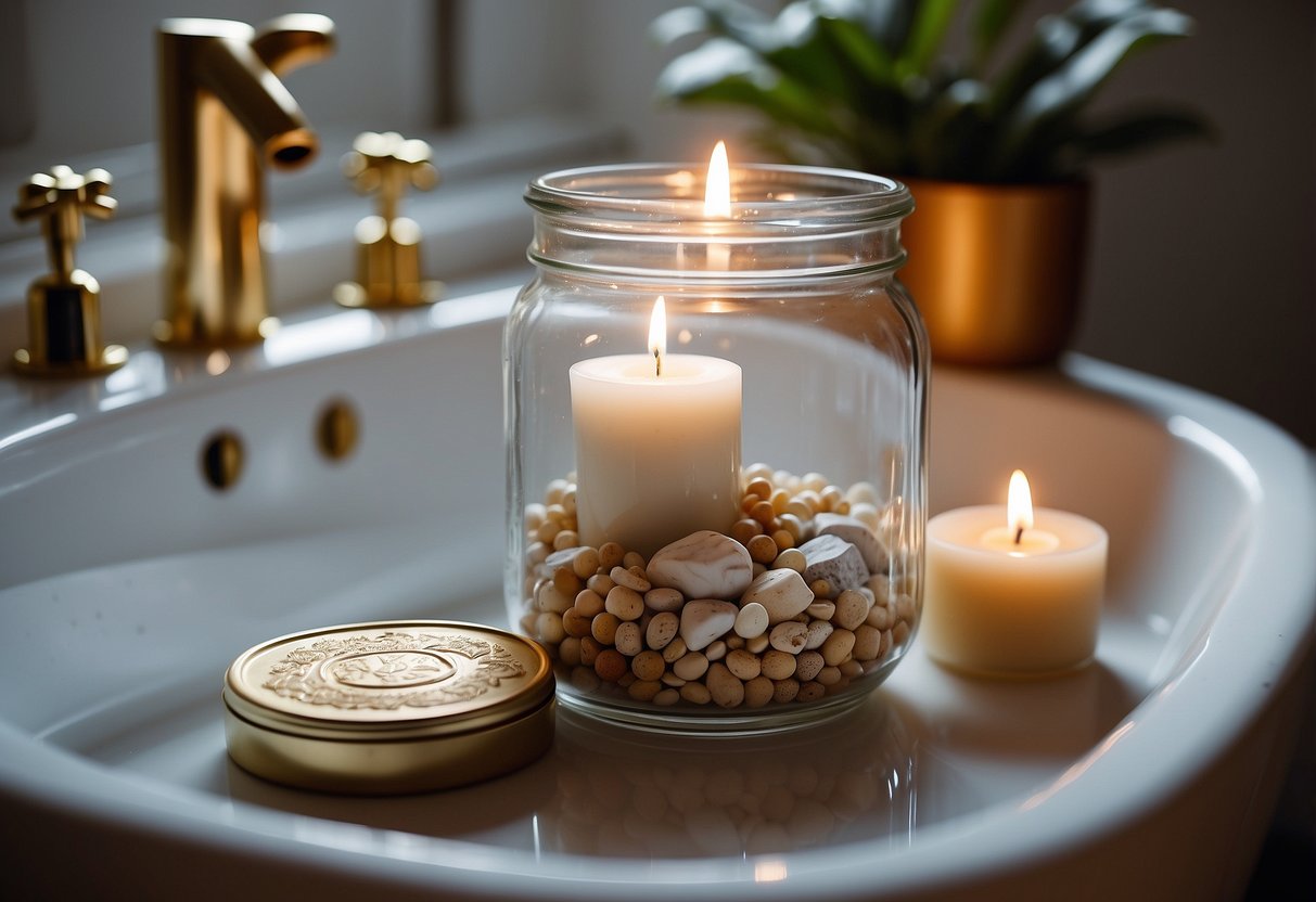 An empty candle jar rests on a bathroom accessory holder, surrounded by other decor items